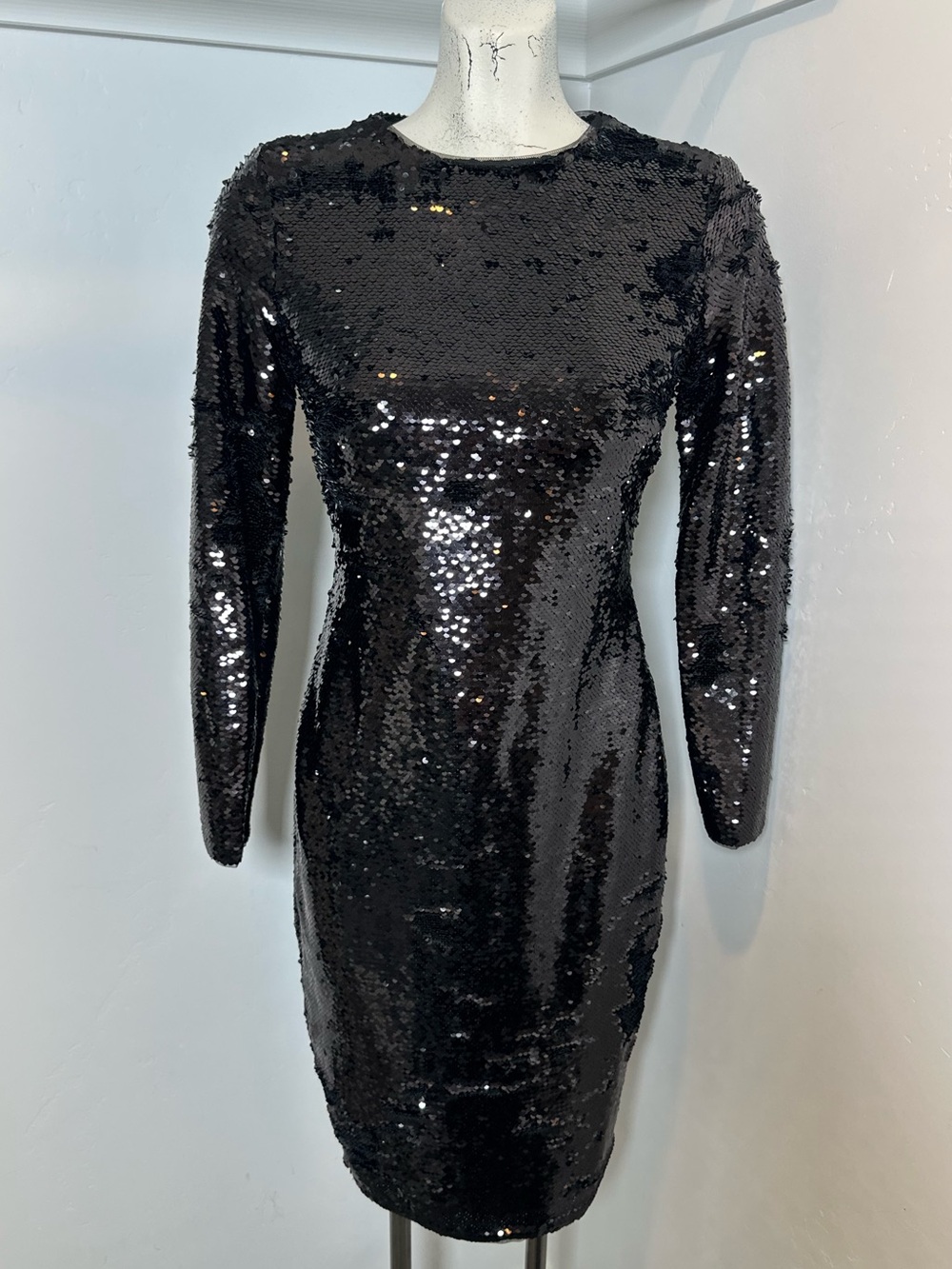 New Gianni Bini Black Sequin Long-Sleeve Cocktail Midi Dress Size 0